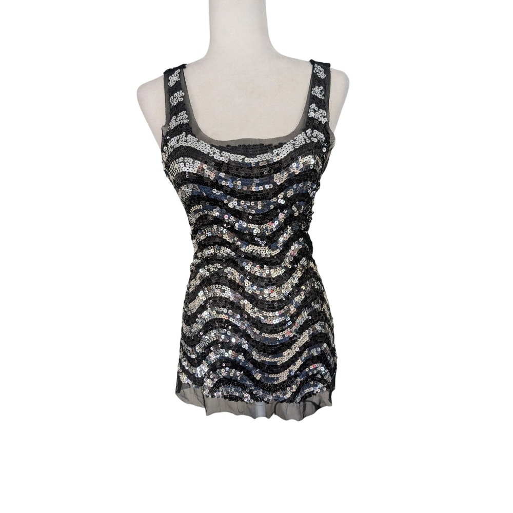 Wildcat Women's S Sequin Tank Top Black Silver Wavy Mesh Party Clubwear